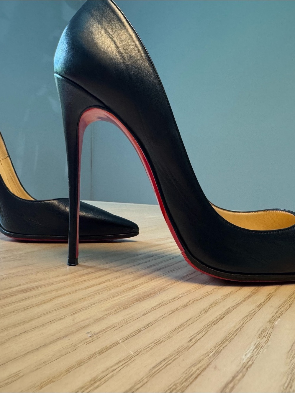 Christian Louboutin Black Leather Pointed-Toe Stilettos with Red Sole